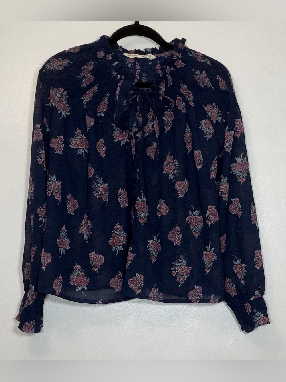 hippie laundry Navy Floral Tie-Neck Long Sleeve Blouse
